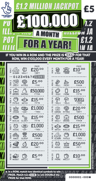 £100,000 A Month For A Year, Game 1479, official scratchcard product image
