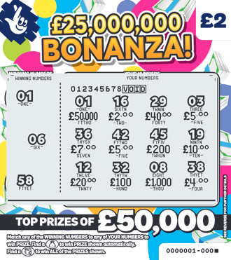 £25,000,000 Bonanza!, Game 1490, official scratchcard product image