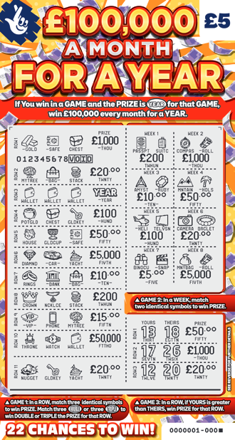 £100,000 A Month For A Year, Game 1499, official scratchcard product image