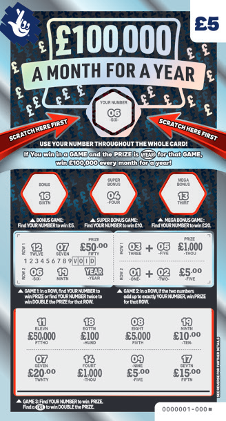 £100,000 A Month For A Year, Game 1502, official scratchcard product image