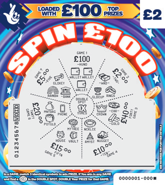 Spin £100, Game 1513, official scratchcard product image